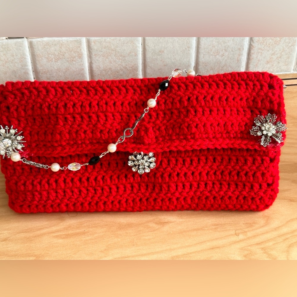 Hand crafted red crochet purse